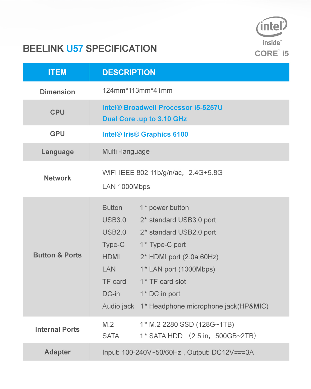 Beelink U57 Dual HDMI Mini PC - Gray 8GB RAM + 128GB ROM EU Plug