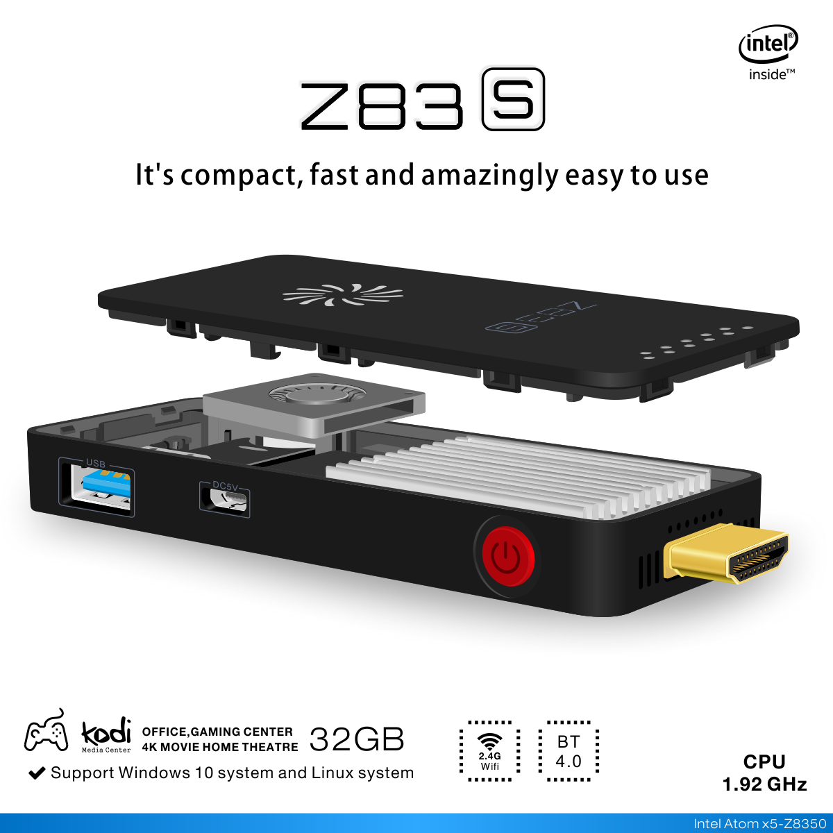 Z83S Mini PC with Intel Atom X5-Z8350 Quad Core CPU Windows 10 System 64bit BT 4.0 Set-up Box