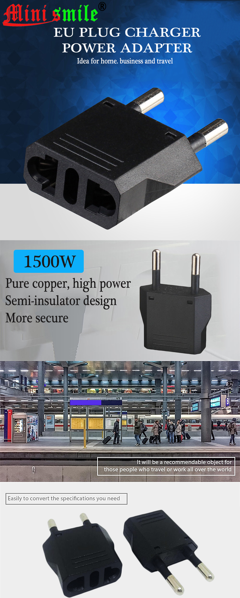 Minismile 1500W EU Plug to US / AU Socket Portable Charger Power Adapter