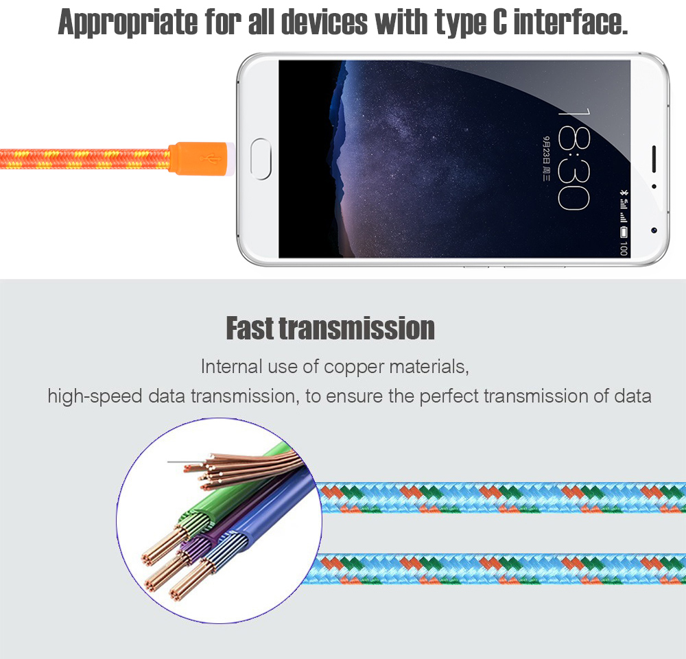 2M Type C Colorful Nylon Braided Transfer Data Sync Line Charging Cable