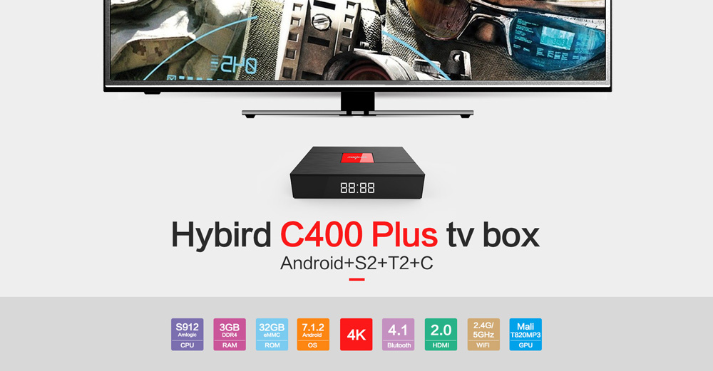 Magicsee C400 Plus Hybrid S2 + T2 + C TV Box Amlogic S912 Android 7.1.2 3GB RAM 32GB ROM 2.4G + 5G WiFi 100Mbps BT4.1 Support PVR Recording